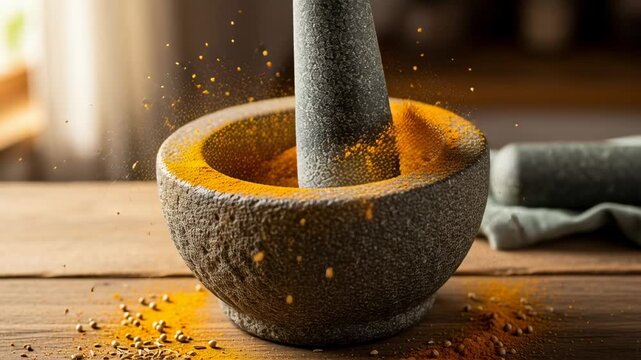 Mortar and pestle with turmeric powder.