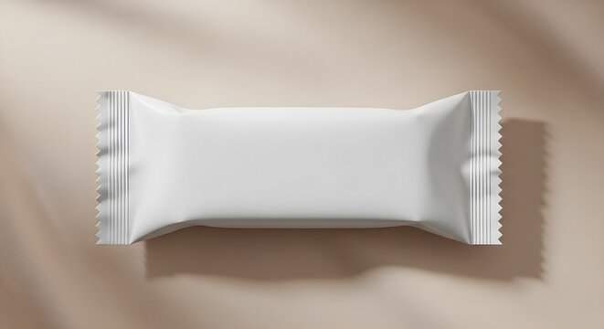 Blank white snack bar package on beige background, empty foil wrapper for healthy food product or energy bar mockup