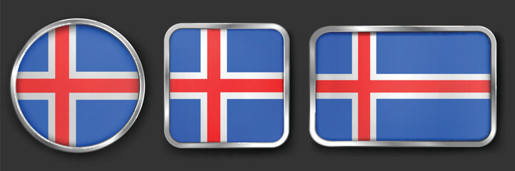 Obraz premium ICELAND Metallic Flag Collection, Circular, Square and Rectangular ICELAND Flag Badges Set