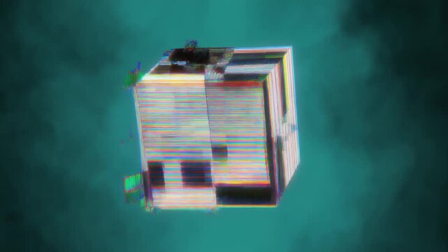 Floating 3D cube with glitch effect, cyberpunk digital background, motion graphic　グリッチエフェクトがかかった3Dキューブの浮遊、サイバーパンクなデジタル背景　動画