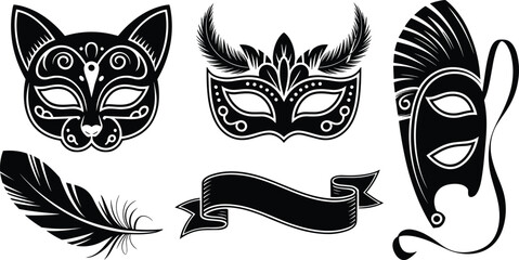 Black and white masquerade mask set with cat mask venetian eye mask handheld mask feather and ribbon banner isolated vector © SUMAIYA