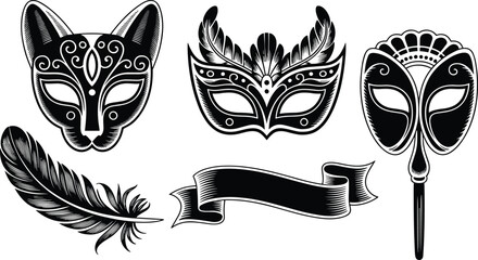 Black and white masquerade mask set with cat mask venetian eye mask handheld mask feather and ribbon banner isolated vector © SUMAIYA