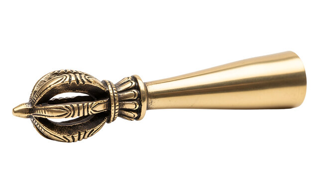 A close-up of an ornate gold ceremonial mace on transparent background