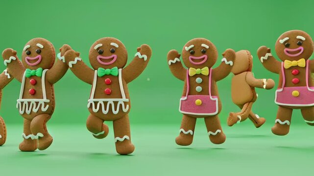 Dancing gingerbread men on green background.