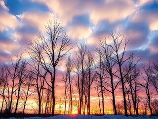 Fototapeta premium Bare, skeletal trees stand stark against a dramatic, cloudy winter sky at sunset, quiet, outdoors