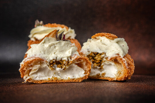 Cream filled choux pastry dessert closeup