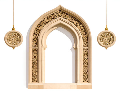 Ornately carved sandstone arch with hanging decorative lanterns
