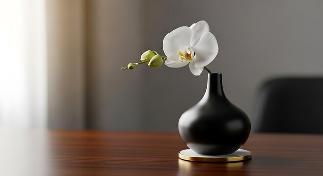 A single white orchid in a dark vase, set on a wood table, with a soft light background