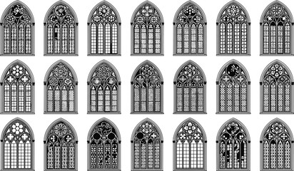 Gothic stained glass windows, cathedral design, pointed arch, floral motif, geometric tracery, ornamental outline, black illustration, architecture art, historic icon © Fenshi