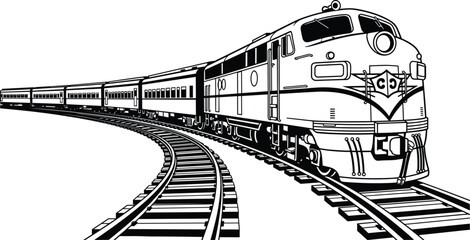 Streamlined train silhouette, curved railway track, passenger cars, locomotive design, motion outline, black illustration, transportation art, travel figure © Fenshi