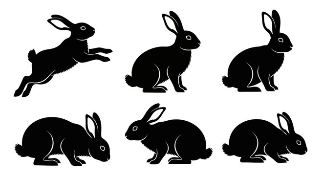 Black Rabbit Silhouette Collection: Jumping, Sitting, and Standing Poses