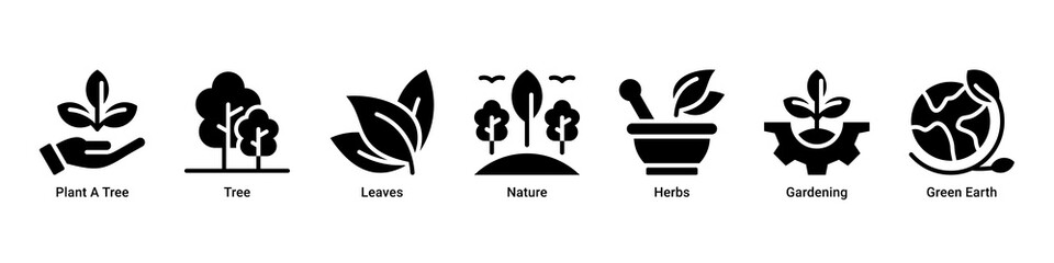 Obraz premium Forest Growth web banner icon vector illustration featuring Plant A Tree,Tree,Leaves,Nature,Herbs,Gardening,and Green Earth icons symbolizing ecosystem restoration.