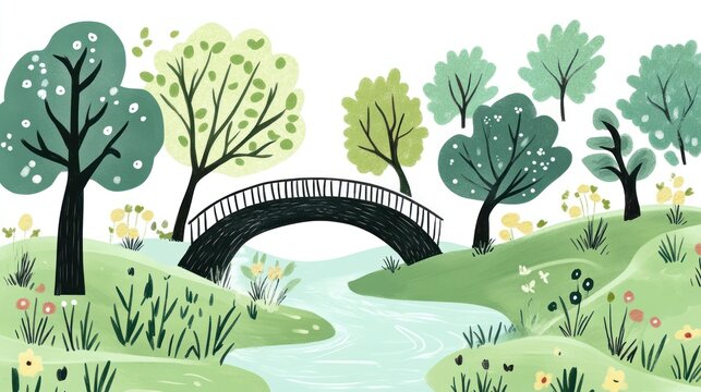 Spring landscape with a bridge over a stream.  Peaceful scene. Possible use Background for children's book or greeting card