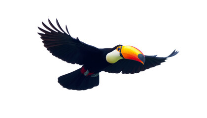 Colorful Toucan in Flight Against Plain White Background