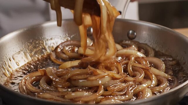 Caramelized Onions Sizzling in Pan, Stirred with Wooden Spoon, Delicious Cooking Process