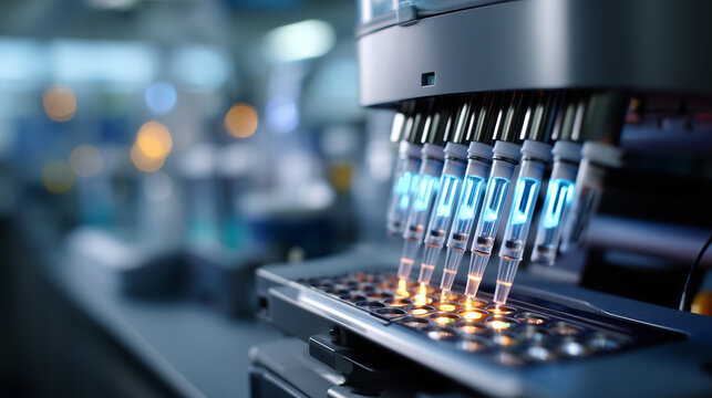 Macro close-up of a glowing blue automated peptide synthesizer, the detail columns and tubing of the synthesis system in crisp focus, chemical reaction indicators in the active col