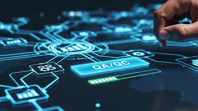 Hand pressing QA/QC button on a glowing digital interface