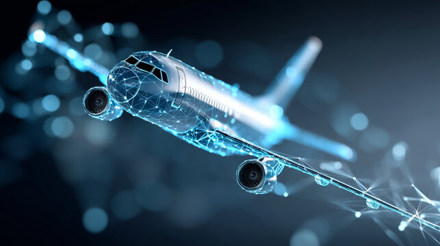 Digital rendering of airplane made of blue lights, flying through network of connected points, technological aviation concept, data connectivity, defocused digital space, with copy