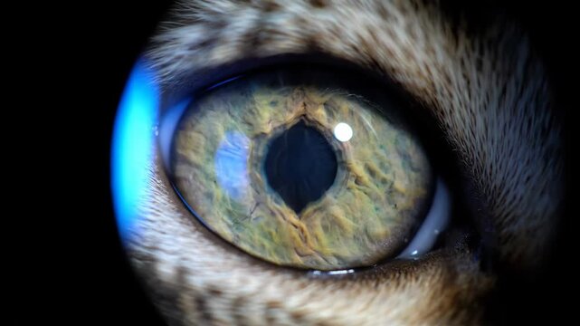 Cat eye pupil dilation sequence in close-up. Macro view of golden feline iris changing from narrow slit to wide round pupil. Biological animal vision reaction.