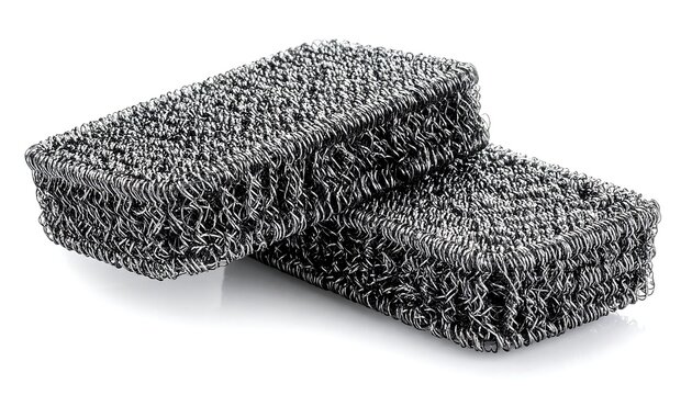 Two rectangular metallic scourers rest on a white surface with their reflective texture prominent in the light