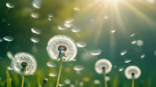 white dandelion seeds floating slowly in the air with soft sunlight background, dreamy spring nature atmosphere, shallow depth of field, static camera, ultra realistic, 4k, 5 seconds, stable footage, 