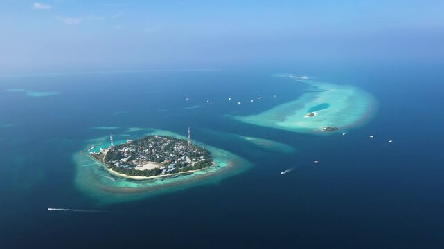 Aerial View of Maldives Atolls in Blue Ocean, Indian Ocean