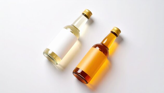 Diagonal overhead view of two small glass bottles with white and orange blank labels containing amber liquid on a clean white surface