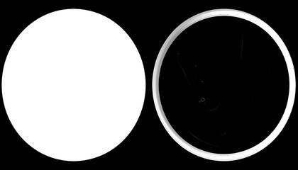 Two circles. The left circle is pure white, the right is black, with a white ring and inner black lines
