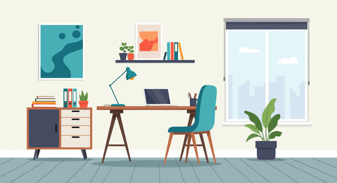 Modern home office setup with desk, chair, and laptop.