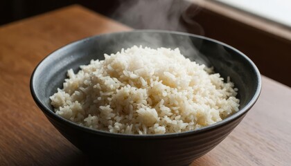 A bowl filled with steaming rice sits on a wooden table. The fluffy rice is white and creates a comforting kitchen scene with its inviting presence.