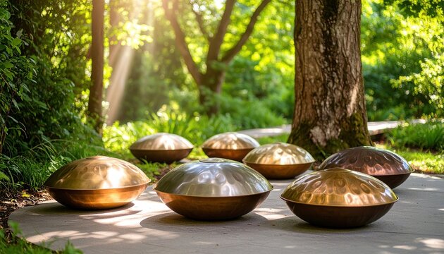Multiple steel handpan drums arranged on stone path in lush green park with bright sunlight streaming through tall trees in background