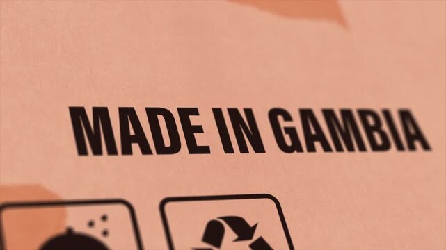 Made in GAMBIA Label on Cardboard Box, Animated GAMBIA Manufacturing Export Concept