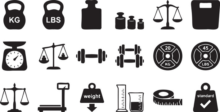 Comprehensive collection of black weight and measurement icons on a white background for fitness and health applications