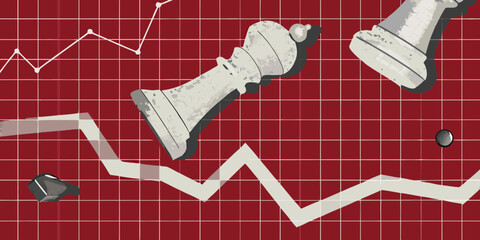 Chess pieces falling against a red background with a declining graph © Raju