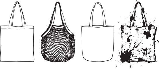 Collection of four different tote bag illustrations on white background showcasing various styles and designs for shopping and fashion © Monivara Creations