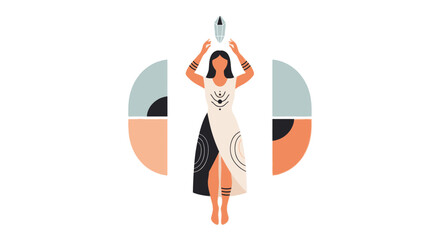 Woman in flowing dress, spiritual dance, abstract geometric background, minimalist art