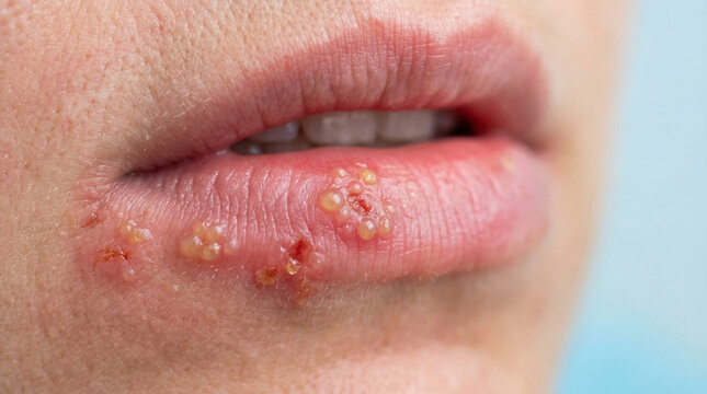 Macro photo of the lips of a woman with a herpes simplex virus infection, showing visible fluid-filled blisters and soreness