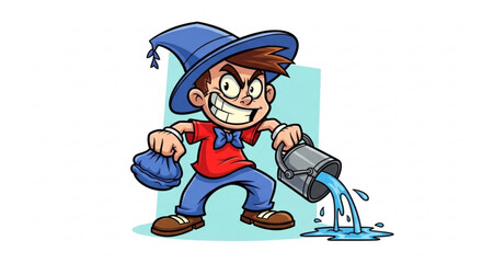 Cheerful cartoon boy pouring water from jug with joyful expression outdoors
