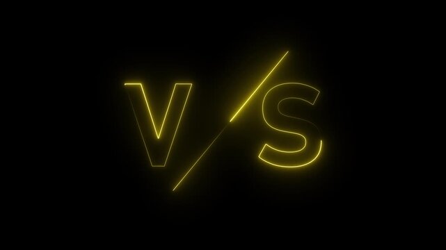 Yellow neon glowing VS text with a diagonal line separating the letters on a black background representing competition and comparison