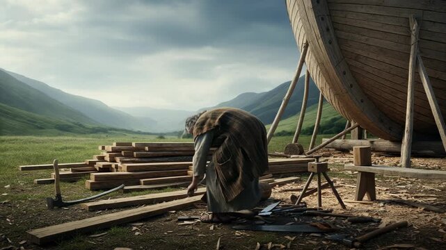 A man carves wood for ark construction. biblical narrative carpentry and boat building. Religious and cultural christianity theme.