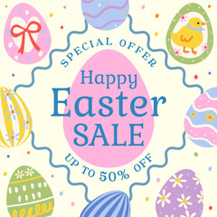 Easter Sale 50% discount vector design. Cute colorful easter eggs promotion poster