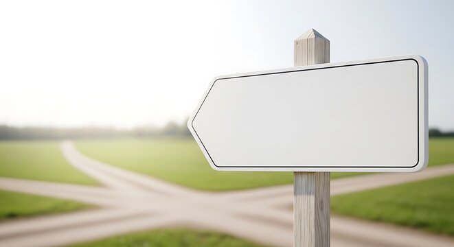 A white, blank signpost in focus, set against blurred intersecting paths in a grassy field