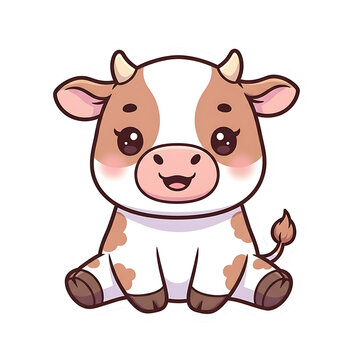 Cute cartoon cow sitting with brown spots on transparent background