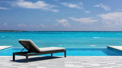 Obraz premium Pool lounge chair facing turquoise ocean on resort deck.