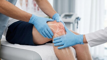 Obraz premium A healthcare professional wearing gloves examines a patient's knee highlighting the joint structure, possibly assessing injury or pain.