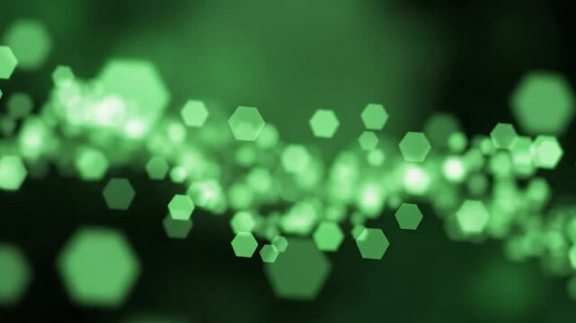 Abstract green hexagonal bokeh lights stream across the dark background with depth of field creating glowing shapes
