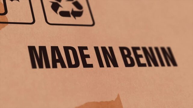 Made in BENIN Label on Cardboard Box, Animated BENIN Manufacturing Export Concept