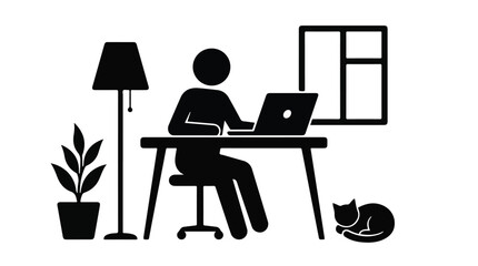 Fototapeta premium Work from home pictogram with person at desk, laptop, cat, and decor