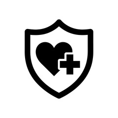 Fototapeta premium A black shield icon contains a heart and medical cross symbolizing health protection silhouette