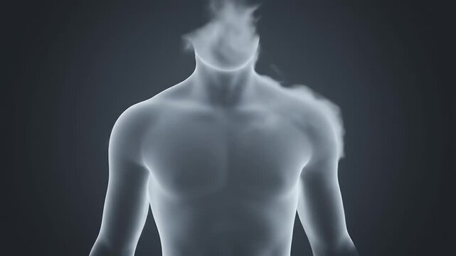 Abstract Human Form Dissolving into Wisps of Smoke or Vapor Against a Dark Gradient Background Symbolizing Transformation Loss or Ephemerality